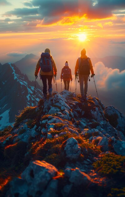 Three hikers climb to the top of the mountain Beautiful sunset landscape with clouds and bright orange sky