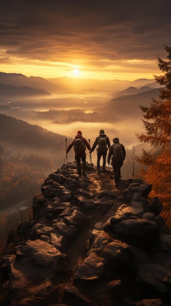 Photo three hikers on a mountaintop at sunrise