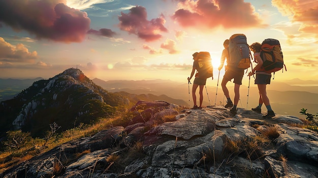 Tre escursionisti in cima a una montagna al tramonto il cielo è arancione e il sole sta tramontando dietro di loro stanno guardando la vista