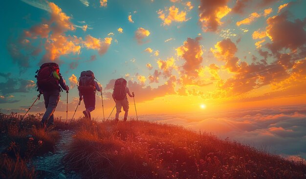 사진 해가 지면 산 위 를 고 있는 세 명 의 산책자 들
