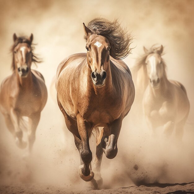 먼지가 날아다니는 먼지에서 달리는 세 마리의 말.