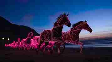 Photo three horses with pink lines running on the beach