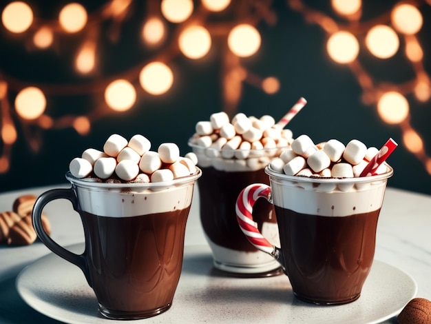 Photo three hot chocolate cups with marshmallows and candy canes on a tray