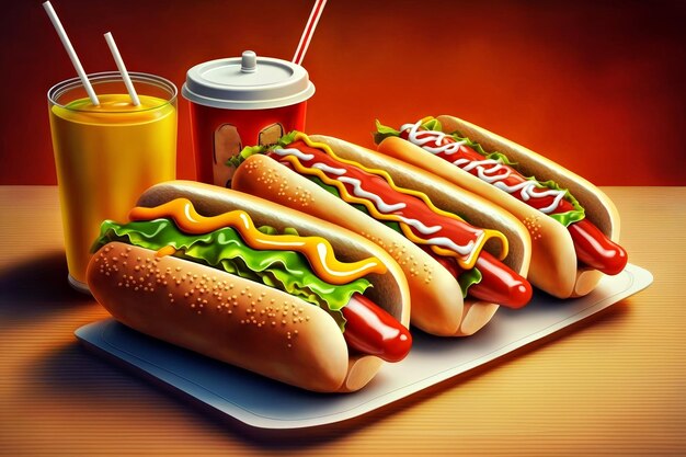 Three hot dogs and drink on plate Generative AI