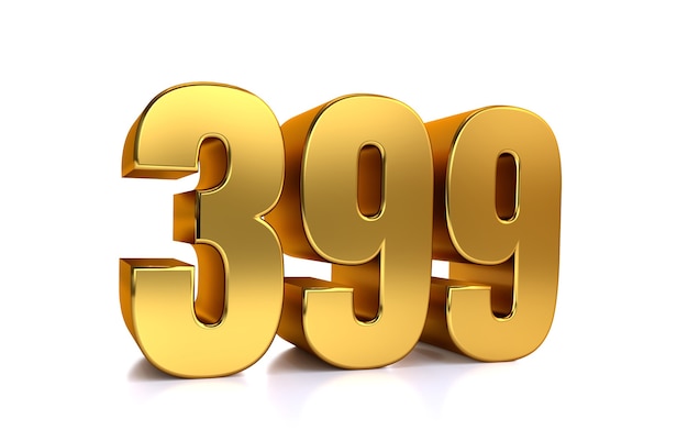 three hundred ninetynine 3d illustration golden number 399 on white background