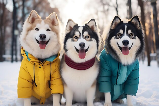 Foto tre husky che posano con giacche calde e una sciarpa in un parco innevato invernale foto orizzontale