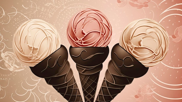 Three ice cream cones are on a pink background.