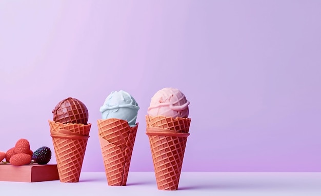 Three ice cream cones are in a row one of which is pink and the other is blue Generative AI