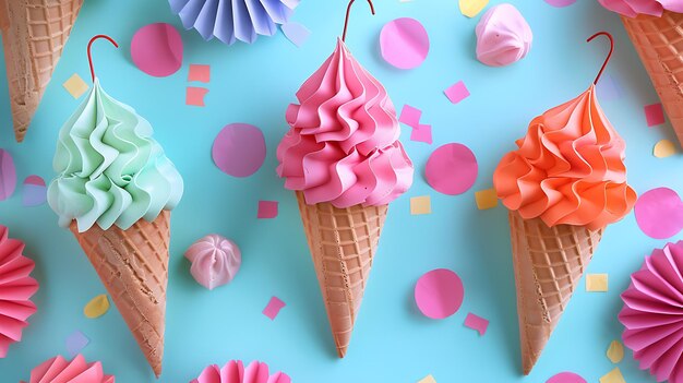 Photo three ice cream cones in front of a blue background with pink and yellow sprinkles the ice cream is topped with whipped cream and a cherry