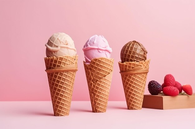Three ice cream cones on a pink background with blackberries.