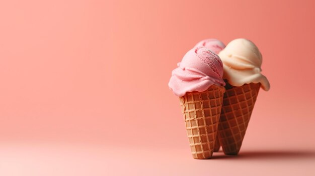 Three ice cream cones on a pink background