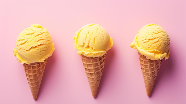Three ice cream cones in a row on a pink background The ice cream is a light yellow color and the cones are brown