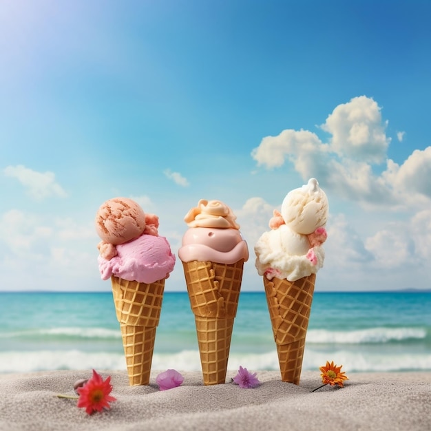 Three ice cream cones sitting on top of a sandy beach Generative AI