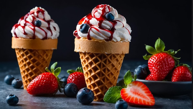 three ice cream cones with berries and a spoon