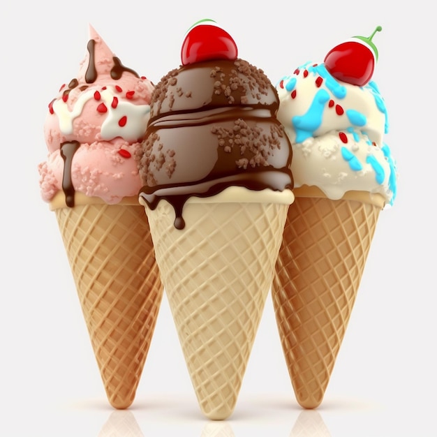 Three ice cream cones with a cherry on top