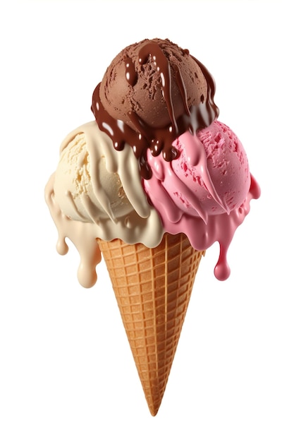 Three ice cream cones with chocolate and pink on top and white on top