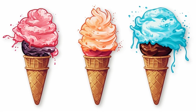 Three ice cream cones with different flavors of different flavors generative ai