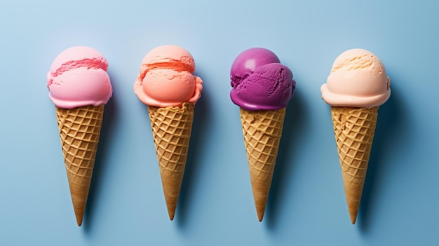 Foto tre coni di gelato con diversi sapori di gelato in loro generativo ai