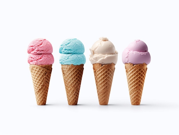 Three ice cream cones with different flavors of ice cream in them generative ai