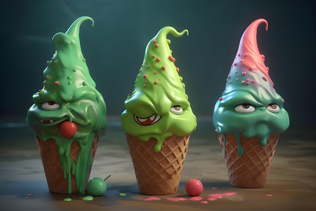 Three ice cream cones with the faces of three people