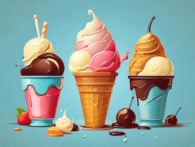 three ice cream cones with ice cream and one with ice cream in the bottom