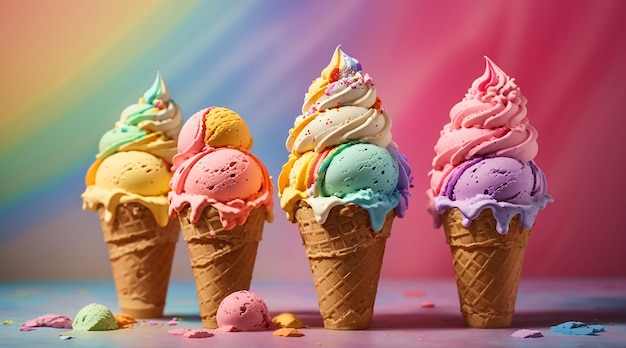 Three ice cream cones with one with a rainbow