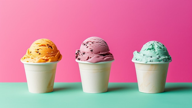 three ice cream cones with a pink background and a pink background