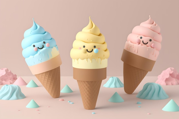 Three ice cream cones with a smiling face on them.