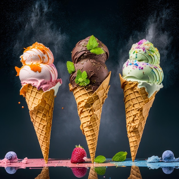 Three ice cream cones with sprinkles and a strawberry Generative AI