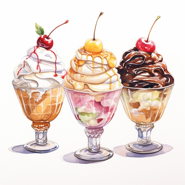 three ice cream sundaes with toppings in a row generative ai