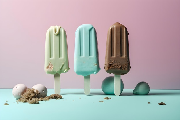 Three ice creams are on a blue table with a pink background