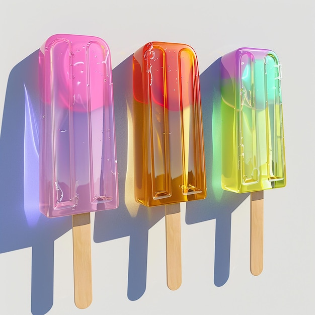 three ice creams are lined up on a stick