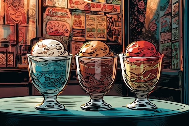 Three ice creams are on a table in front of a store