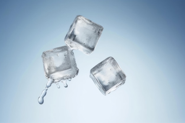 Three ice cubes isolated on blue background