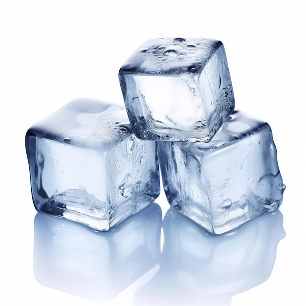 Three ice cubes on white background