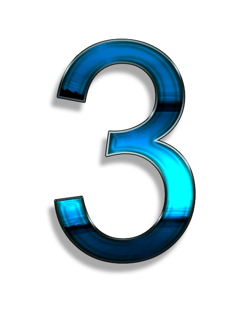 three, illustration of  number with blue chrome effects on white background