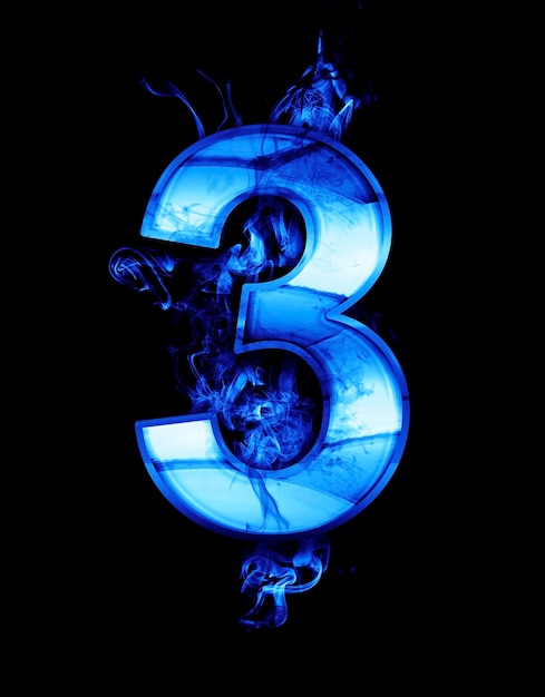 three, illustration of  number with chrome effects and blue fire on black background