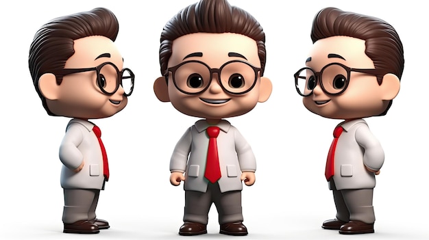 Three images of a cartoon character with glasses and a tie.