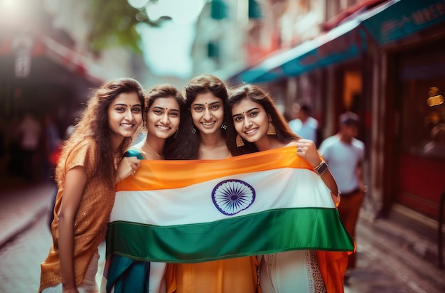 Three indian friends from the new generation holding the indian flag celebrating independence day