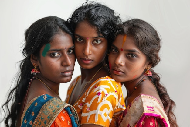 Three indian women giving expression together on white background