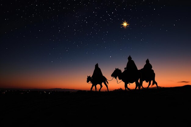 Photo three individuals riding on horseback under a starlit sky three wise men following the star on christmas night ai generated