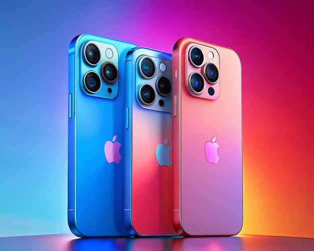 three iphones are lined up in front of a colorful background