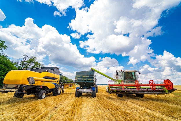 Three items of wheat gathering machines real process of wheat\
harvesting blue cloudy sky above