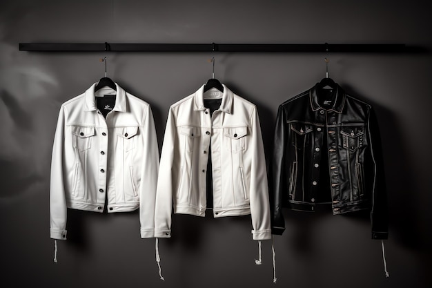 Three jackets hanging on a wall, one of which has a leather jacket on it.