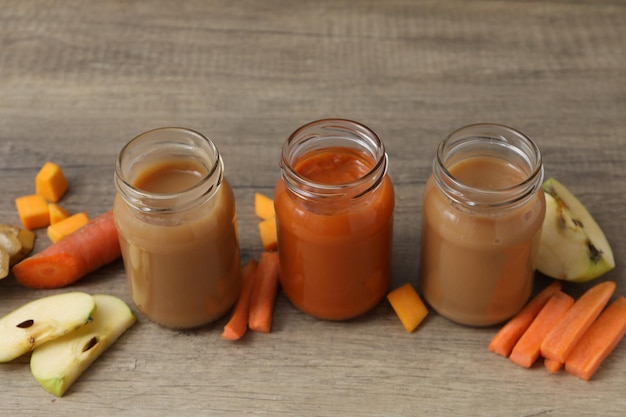 Three jars of carrots, carrots, and celery are lined up on a wooden table.