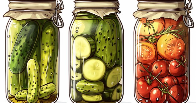 Photo three jars of pickles and tomatoes are lined up in a row generative ai