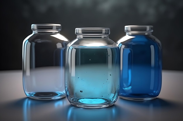 Three jars with blue liquid in them, one of which is labeled blue.