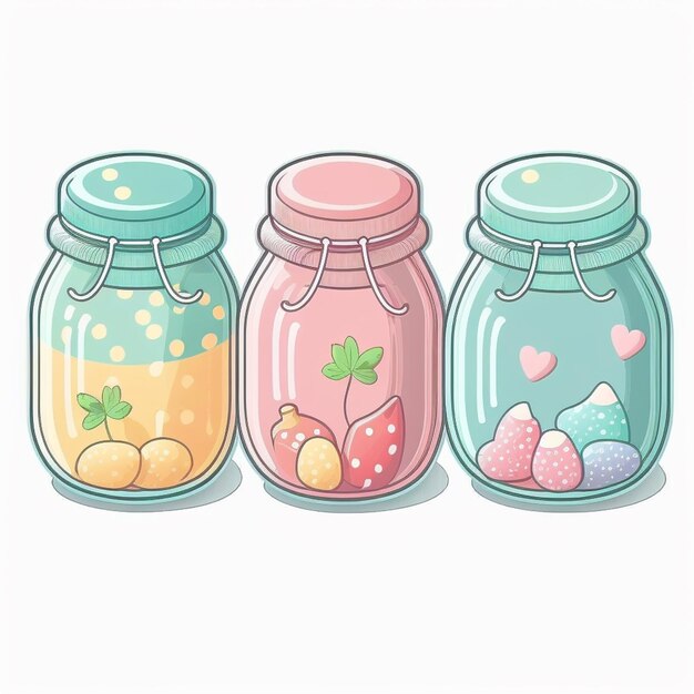 three jars with different colored eggs and fruit inside generative ai