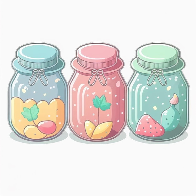 three jars with different types of food inside of them generative ai