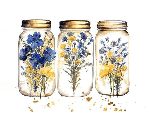 Three jars with flowers in them on a white background Generative AI image